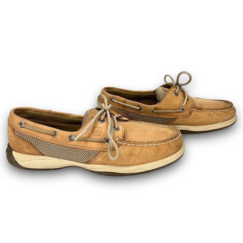 Sperry Top-Sider Intrepid 2 Eye Leather Mesh Linen Tan Beige Loafer Boat Shoes 7